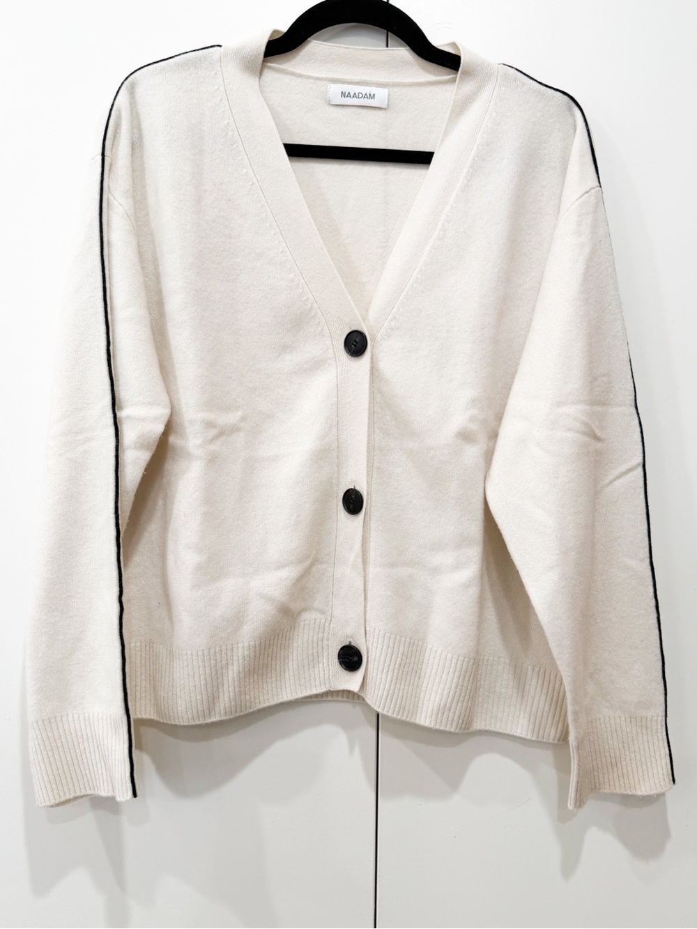 NAADAM Silk Cashmere Ivory Off White V-neck Cardigan Tuxedo Vertical Stripe Sz S